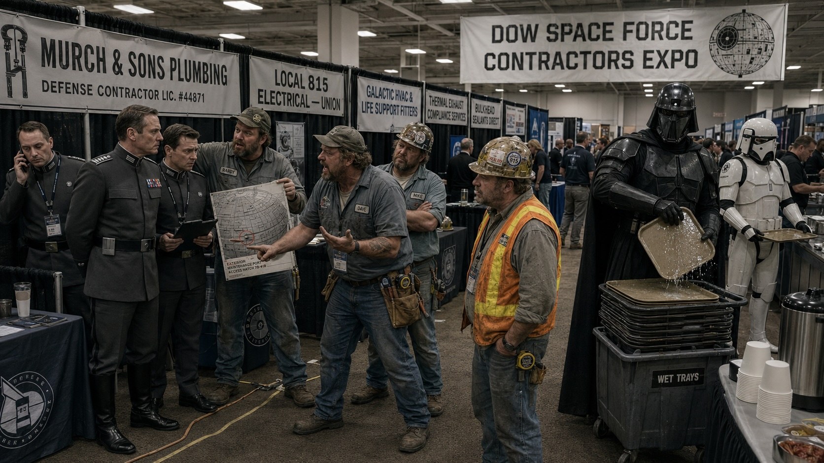 A trade-show floor of Death Star contractors and stormtroopers