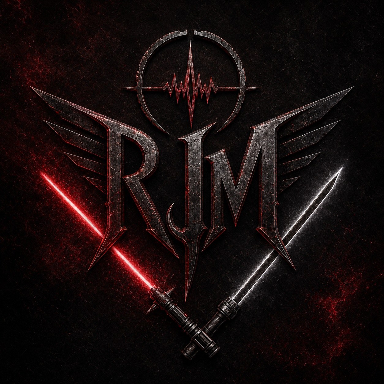 The Ronnie Jaymes Mercury winged sigil rendered in red with crossed lightsabers