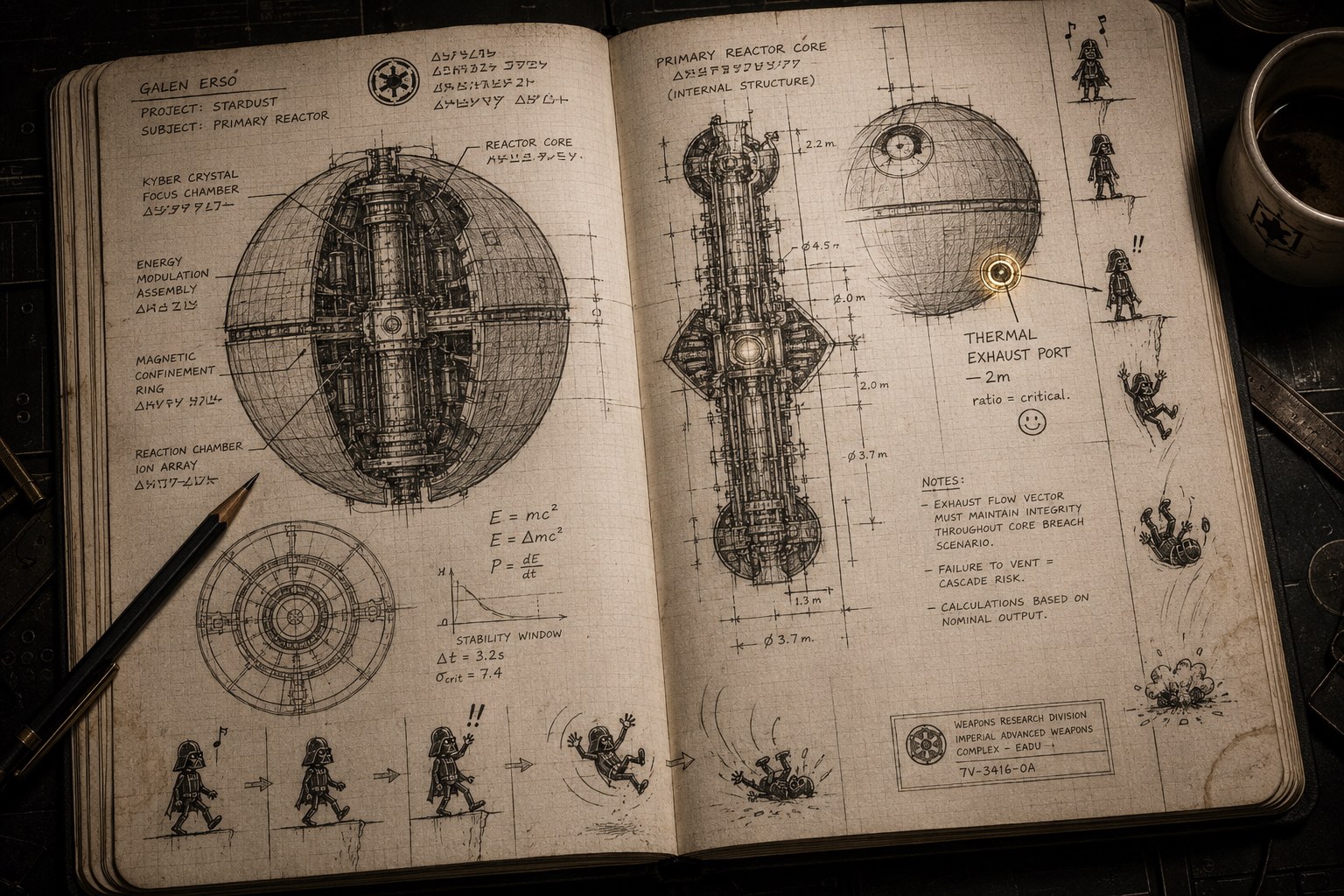 A da Vinci-style notebook filled with Death Star schematics