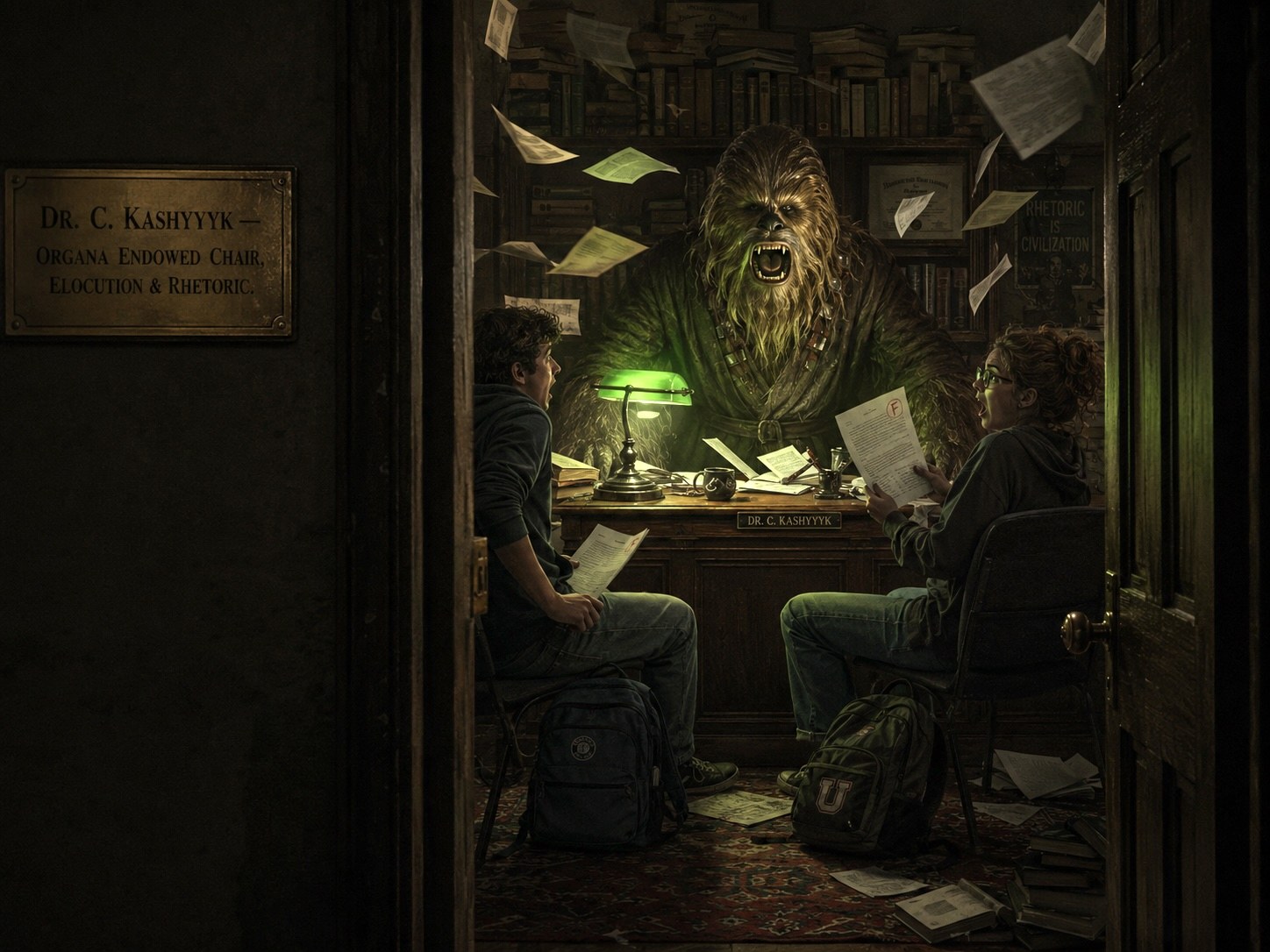Chewbacca seated as a therapist in a cluttered office