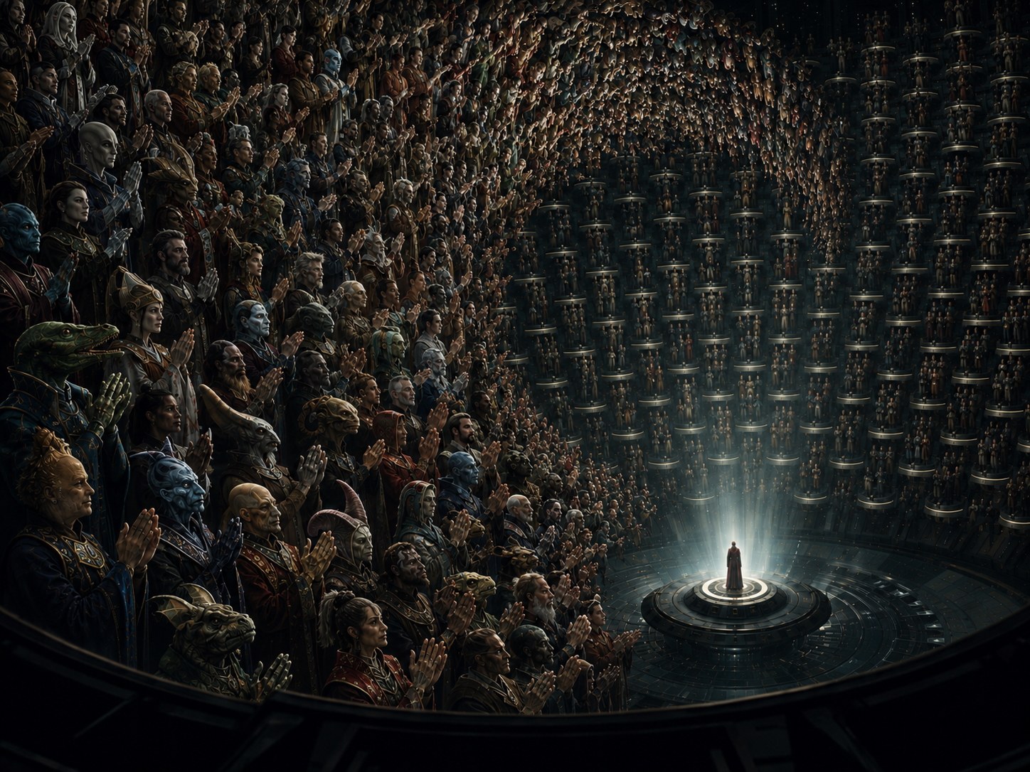 The vast Galactic Senate chamber, a single lit pod at the center