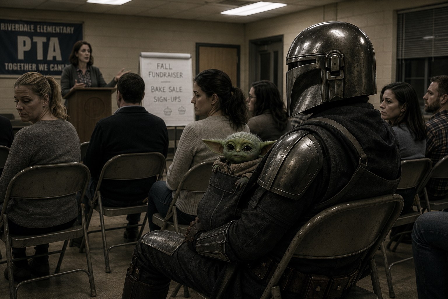 The Mandalorian in full beskar seated with Grogu at a PTA meeting