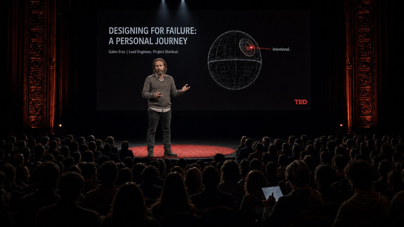 A TED-style talk titled Designing for Failure, with a Death Star schematic