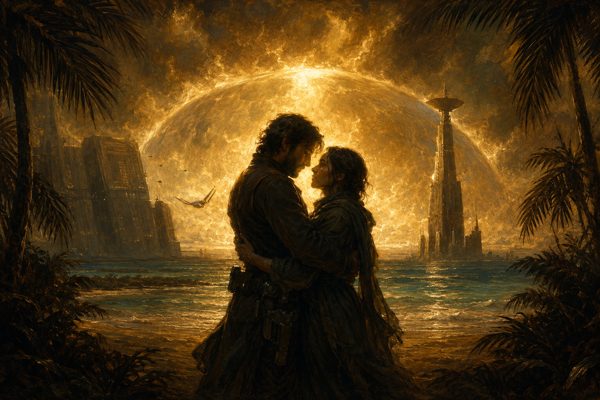 A couple embracing on a Naboo beach at golden hour