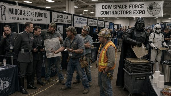 A trade-show floor of Death Star contractors and stormtroopers