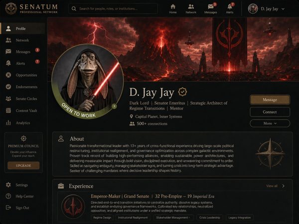 A professional networking profile for Jar Jar Binks, status open to work
