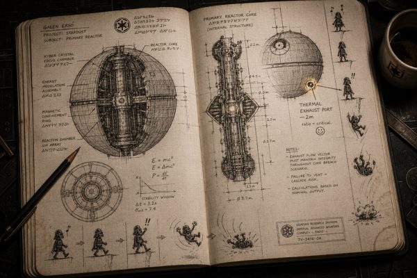 A da Vinci-style notebook filled with Death Star schematics