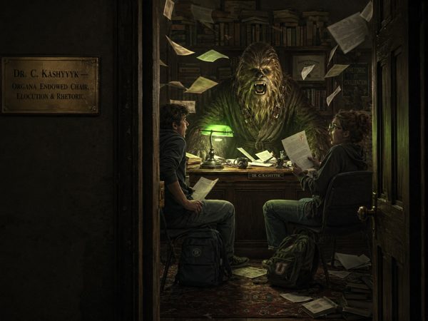 Chewbacca seated as a therapist in a cluttered office