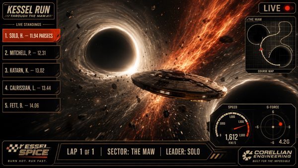 A live race telemetry overlay for the Kessel Run near a black hole