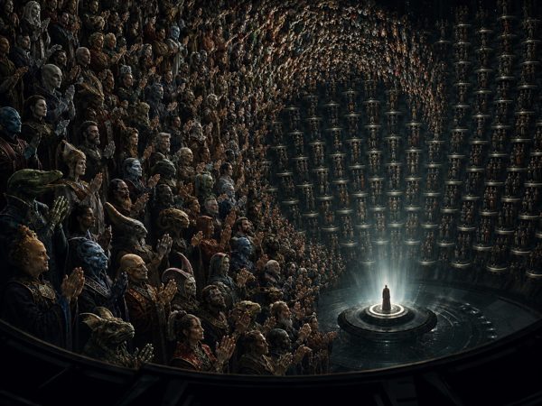 The vast Galactic Senate chamber, a single lit pod at the center
