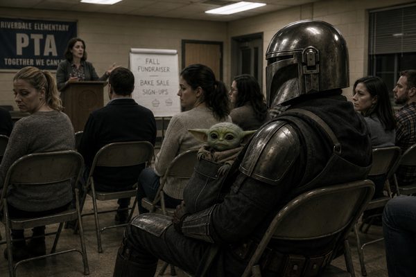 The Mandalorian in full beskar seated with Grogu at a PTA meeting