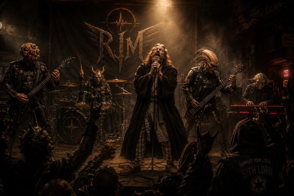 A band on a dark stage beneath a glowing RJM sigil