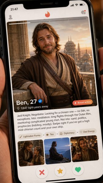 A dating app profile for Ben, 27, a bearded man in robes on a desert world