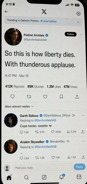 A social post reading: So this is how liberty dies. With thunderous applause.