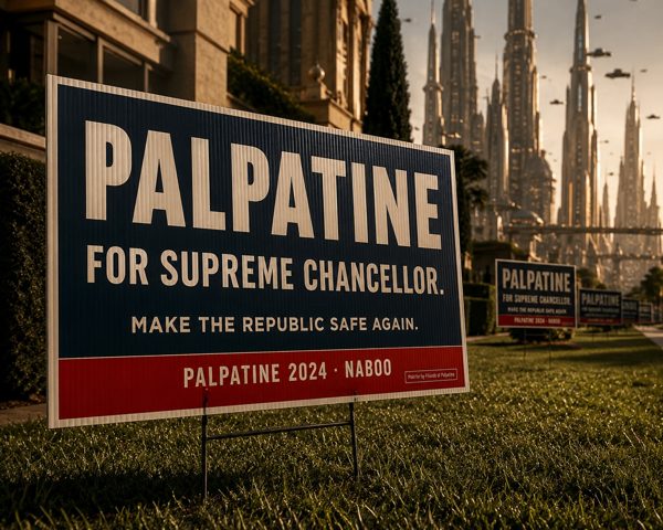 A campaign lawn sign reading Palpatine for Supreme Chancellor