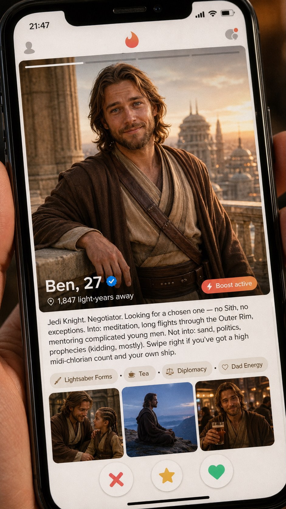 A dating app profile for Ben, 27, a bearded man in robes on a desert world