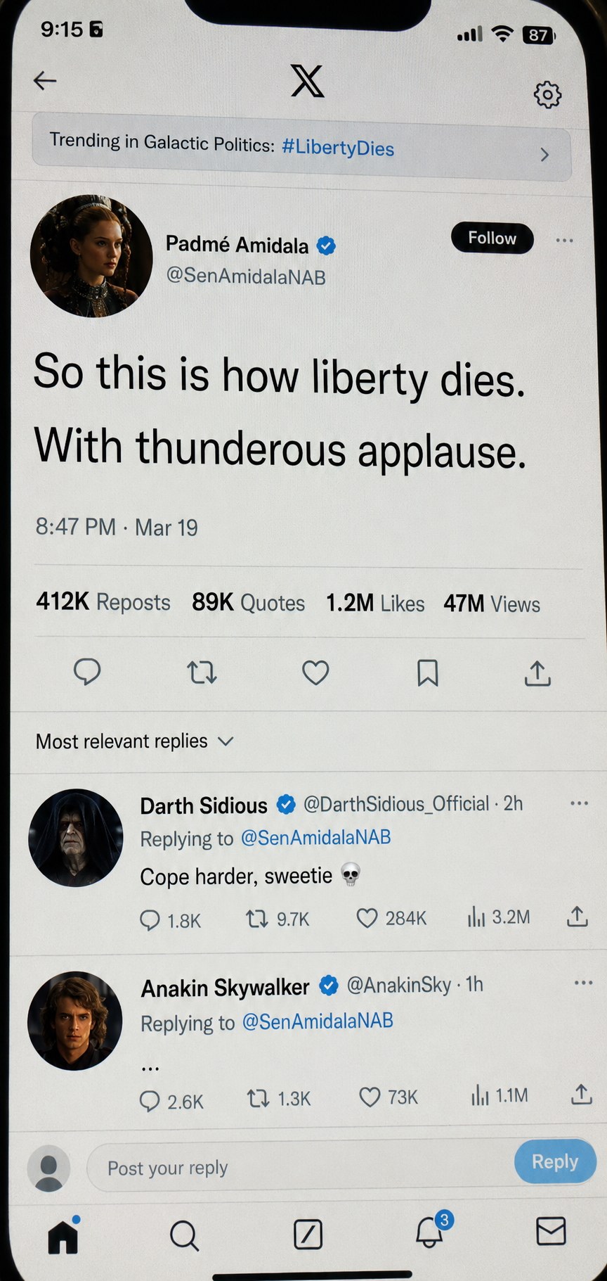A social post reading: So this is how liberty dies. With thunderous applause.