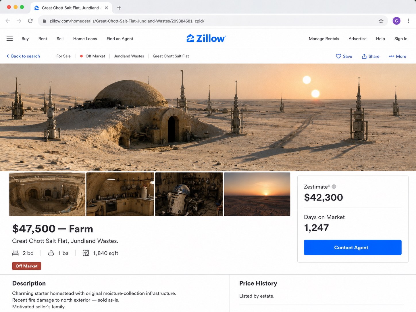 A Zillow listing for the Lars moisture farm on Tatooine, a domed homestead in the Jundland Wastes